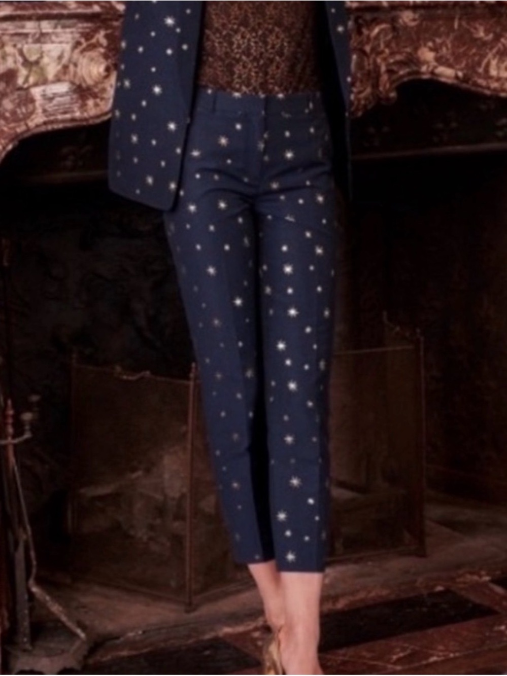(Like New) Sézane Gustav Navy and Gold Star-Print Cropped Slim Pants